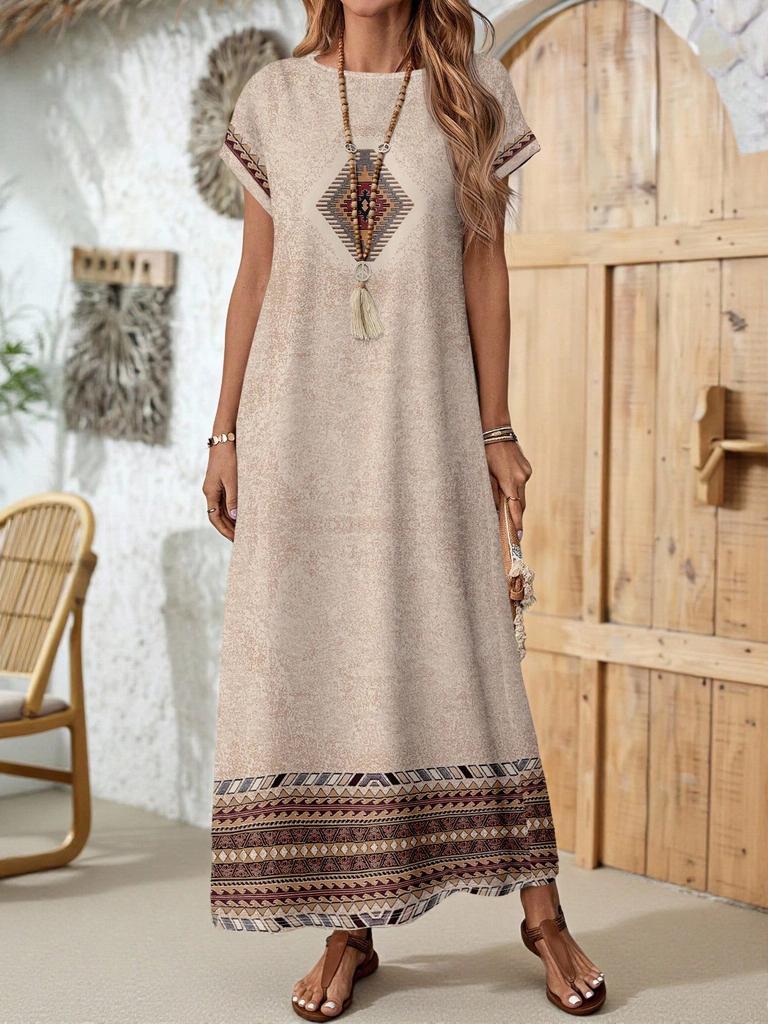 Casual Versatile Patterned Summer Dress For Women,Casual Women's Dresses Short Sleeve Modest Bohemian Maxi Floral Print