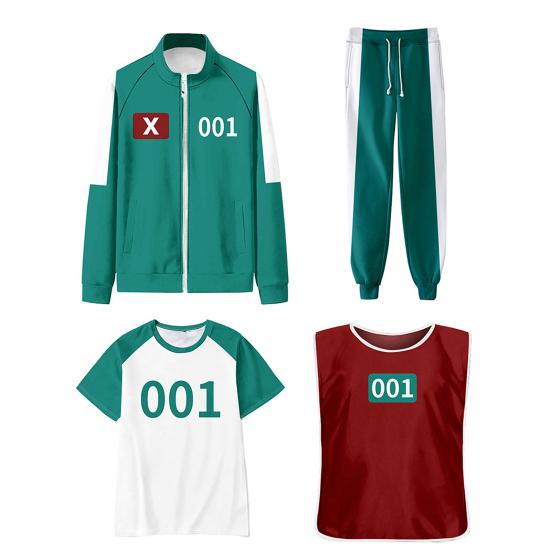 Kostým Squid Game Cosplay Čtyřdílná sada Tepláková souprava Oblečení Bunda Tričko Vesta Kalhoty Sada Sportovní mikina Halloweenský Karnevalový Párty Kostým