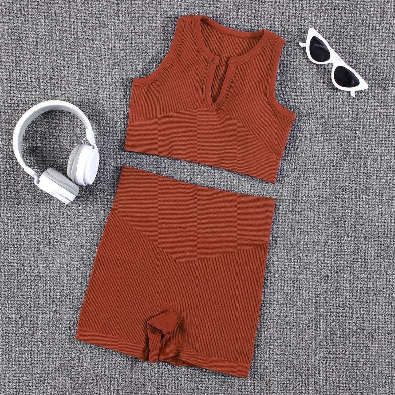 

Женский топ для спортзала, женский комплект с U-образным вырезом, комплект из 2 предметов, летние бесшовные спортивные шорты в полоску с эффектом пуш-ап, повседневные шорты, топ из 2 шт. L кирпич красный