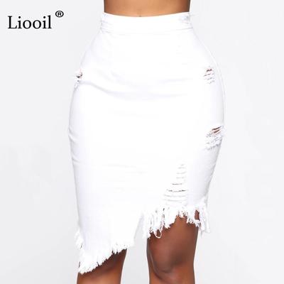 Asymmetric Cotton Black White Hole Denim Midi Skirt With Tassel Streetwear High Waist Wash Distressed Women Bodycon Skirt