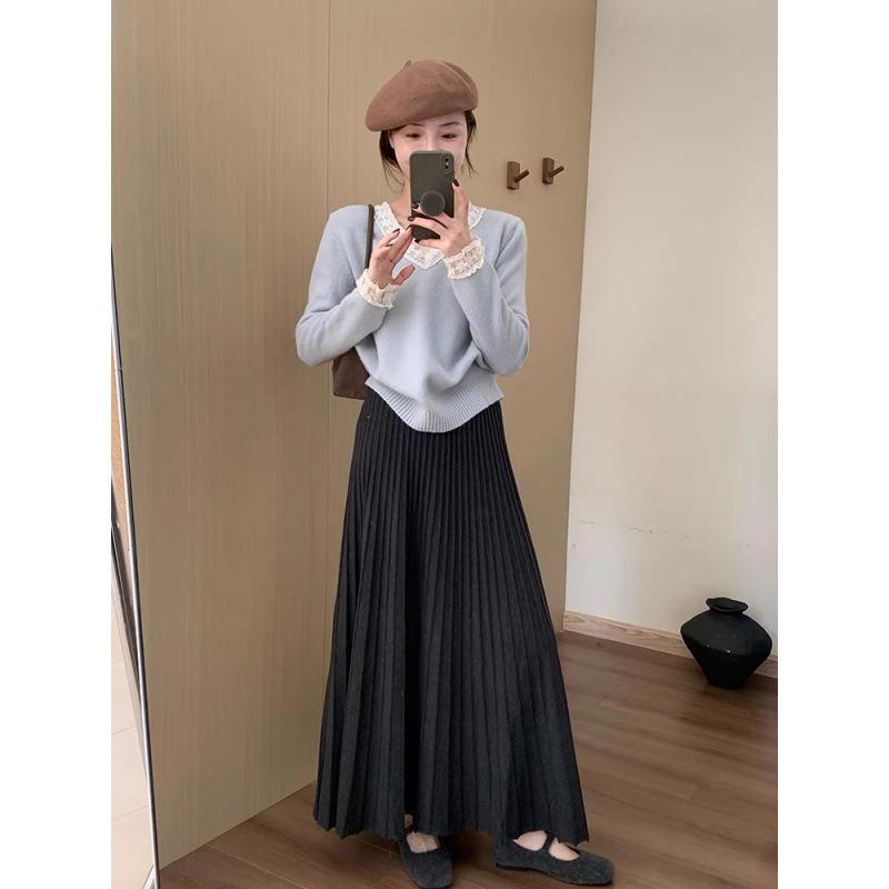 2025 Winter Women's High-Waisted Pleated Knit Midi Skirt - Korean Style, Versatile & Casual