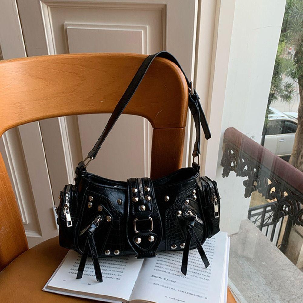 Punk Y2K Retro Rivet Shoulder Bag Oil Wax Leather Spicy Girl Motorcycle Bag Korean Multi-pocket Crossbody Bags Streetwear