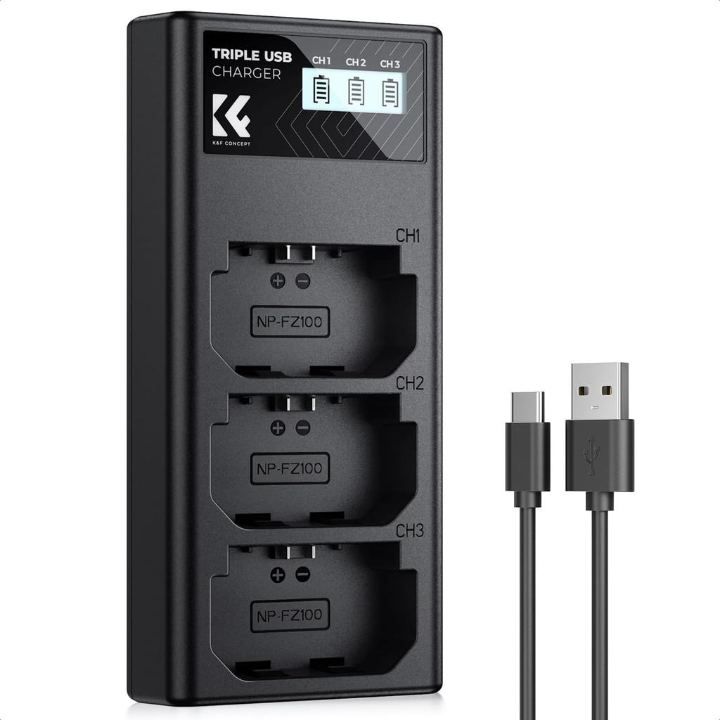 CONCEPT Camera Charger with Battery Level Compatible with Sony Alpha and Sony A6700 Camera USB Charger K&F NP-FZ100 3-Slot Display, ZV-E10M2, 9, A9,