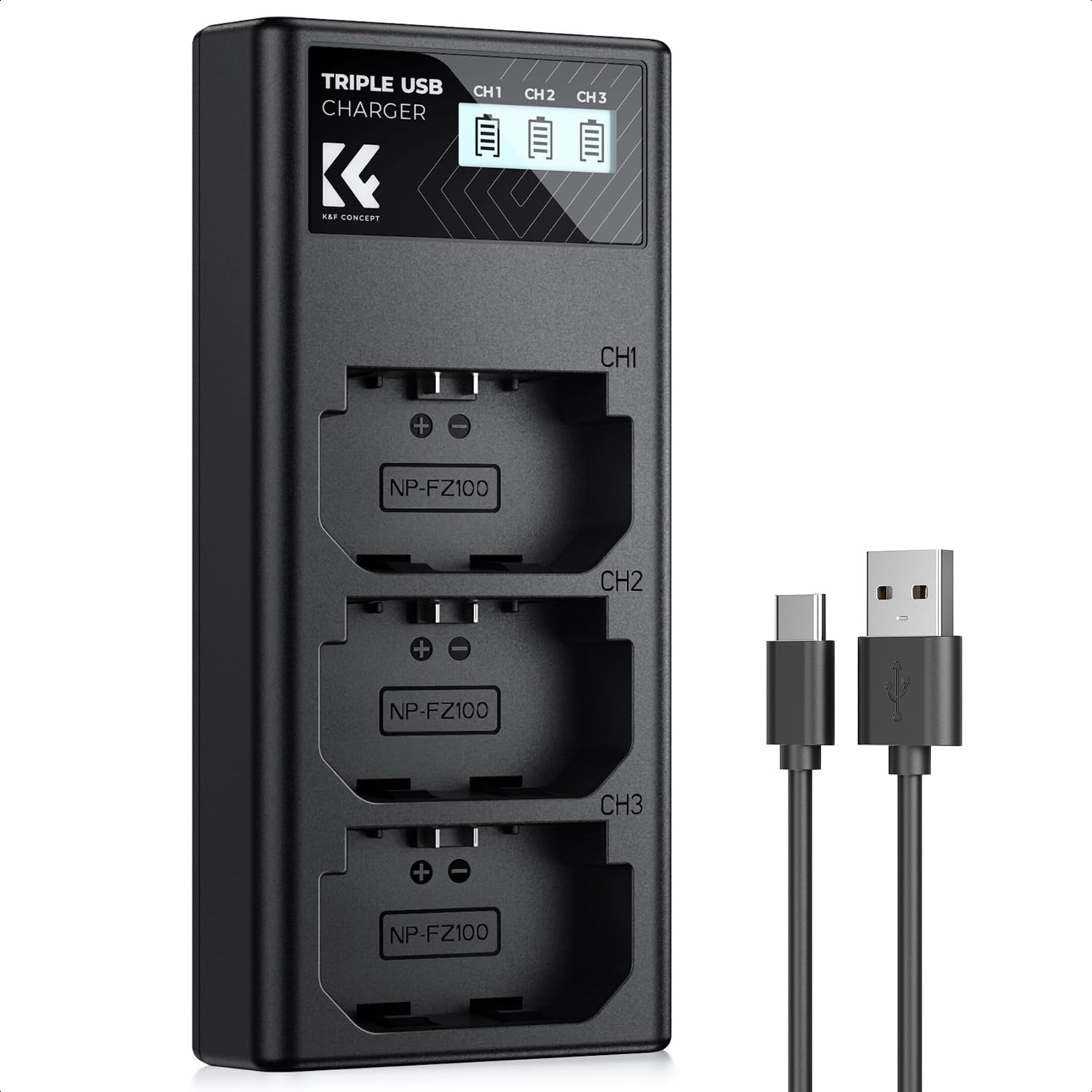 

CONCEPT Camera Charger with Battery Level Compatible with Sony Alpha and Sony a6700 Camera USB Charger K&F NP-FZ100 3-Slot Display, ZV-E10M2, 9, A9,