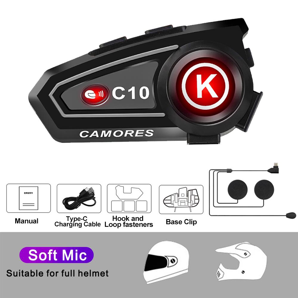 Motorcycle Helmet Headset C10 Stereo Bluetooth Roise Reduction Earphone IPX6 Waterproof  Support Connecting 2 Phones Same Time