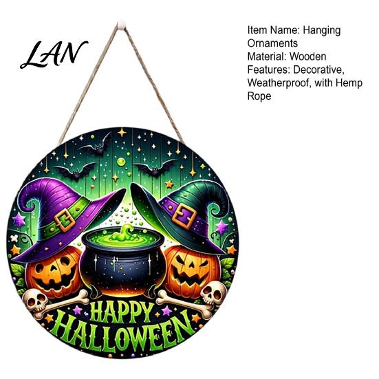 Halloween Gift for Friends Happy Front Door Hanging Sign, Retro Round Witch Hat Magic Cauldron Horror Fantasy Dark Theme Decor Wooden Welcome Pendant