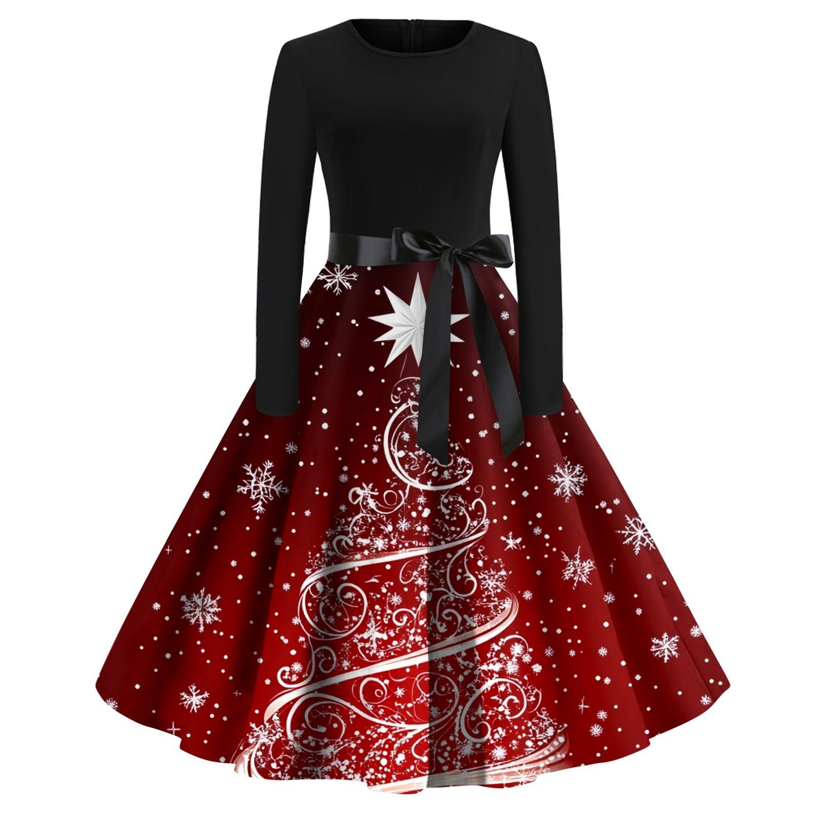 

Женская мода с круглым вырезом, повседневные тонкие рождественские платья с длинным рукавом и принтом M