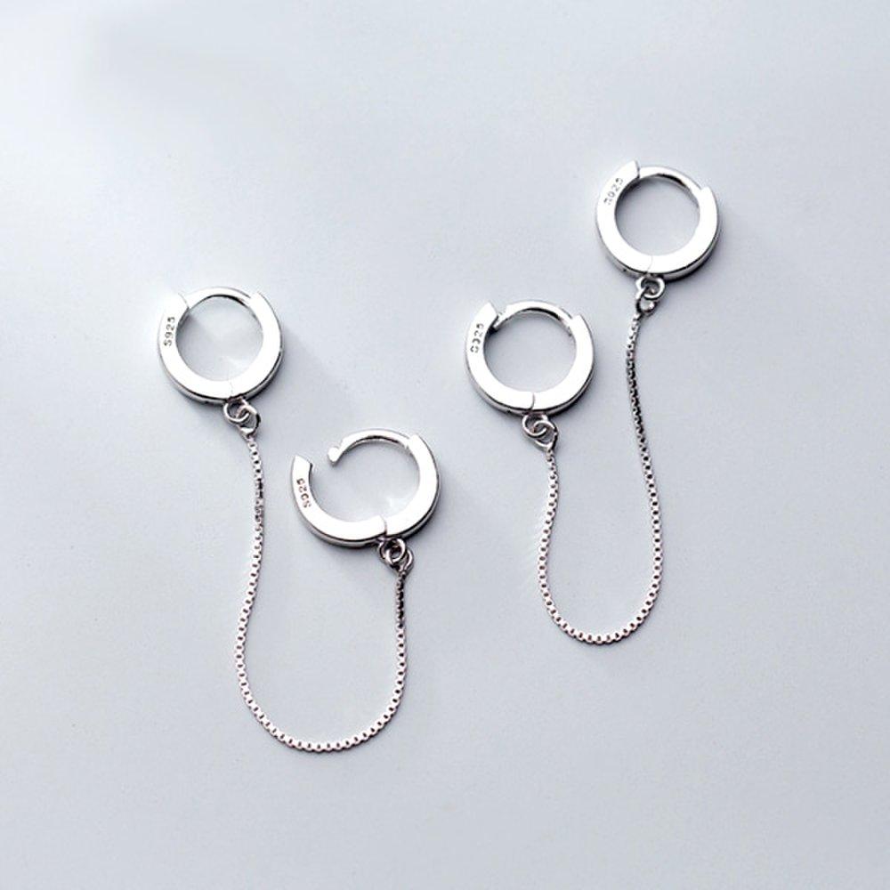 (1 Pair) P1000W S925 Silver Silver Chain Two-Pin Ring Earrings