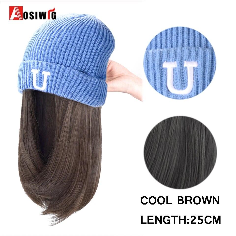Synthetic Knitted Hat Wig For Women Long Wavy 16inch Black-brown Hair Warm Soft Knitted Autumn Winter Cap Heat Resistant Wig