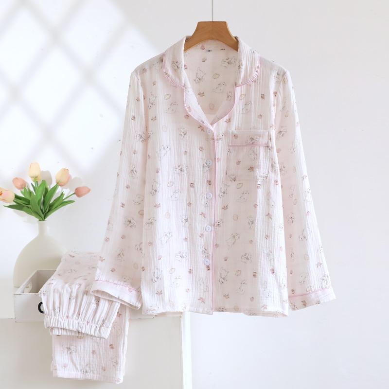 2026 Neues Damen-Pyjama-Set für Frühling und Herbst, 100 % Baumwollkrepp, Hauskleidung, Cardigan, Revers, langärmeliges zweiteiliges Set