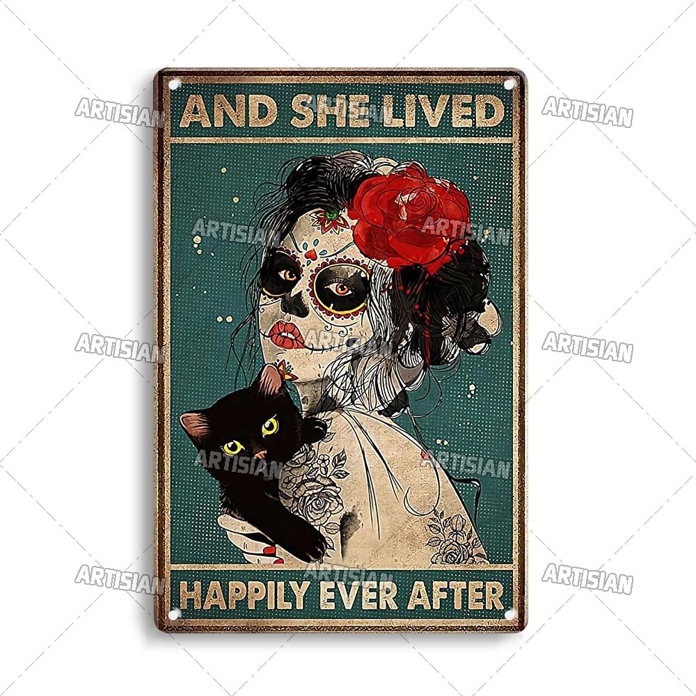 Artisian Halloween Metal Plaque Girl And Cat Tin Sign Black Cat Decorative Plate Wall Decor Garage Bar Pub Club Hotel Kitchen