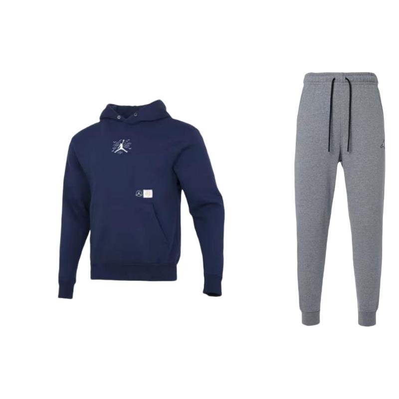 

Jordan Embroidered Logo Pullover Hoodie Long Sleeve Logo Mid Waist Drawstring Pants Casual Sports Suit Unisex suit DQ7341-091+DO4083-410 M