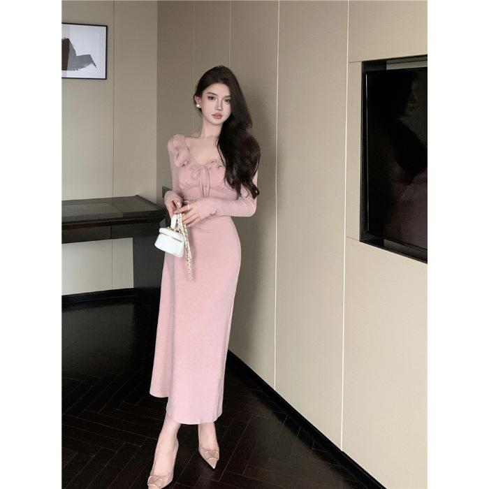 Spring Autumn Women's Elegant Ruffles Lace Up Dress Ladies Solid Color Temperament Slim Knitting Robe Vestidos