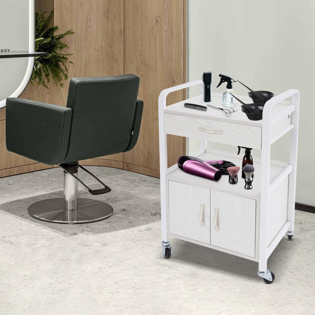 Professional 2-Tier Salon Rolling Cart, Mobile Organizer w/ 4 Wheels, 75kg/165 lbs Capacity, White Beauty Supply Storage Cabinet