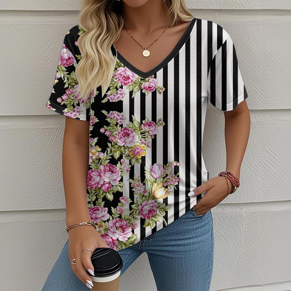 Women's T-Shirt Stripes And Floral Graphics Retro Fashion Classic Casual Short-Sleeved Oversized V-Neck Summer Women's Clothing