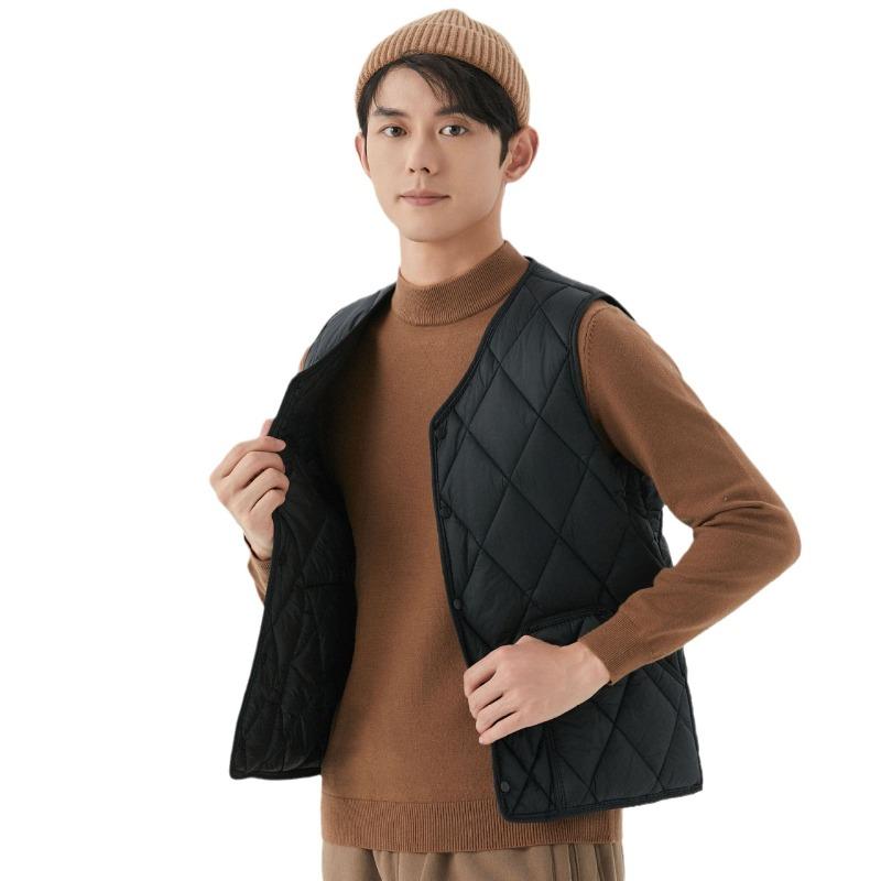 Men's Autumn and Winter Velvet Warm Medium and Green Vest Liner Pocket Men's Rhombus Short Snap Vest