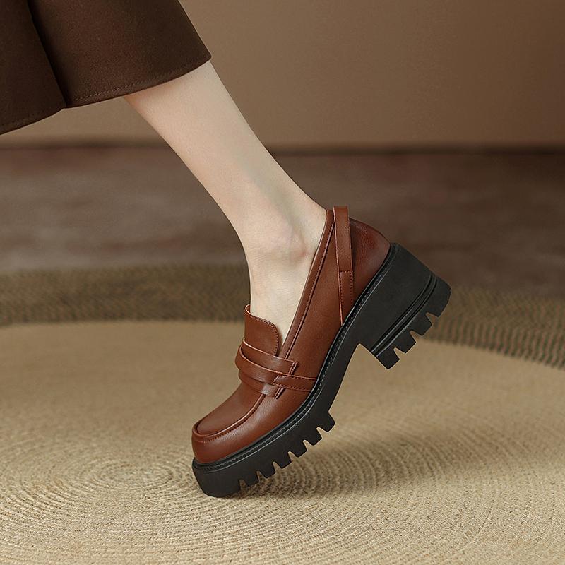 New Fashion  Genuine Leather Women Shoes Casual Slip -On Loafers Comfortable Soft Platform Shoes Square Toe Heels Shoes Woman