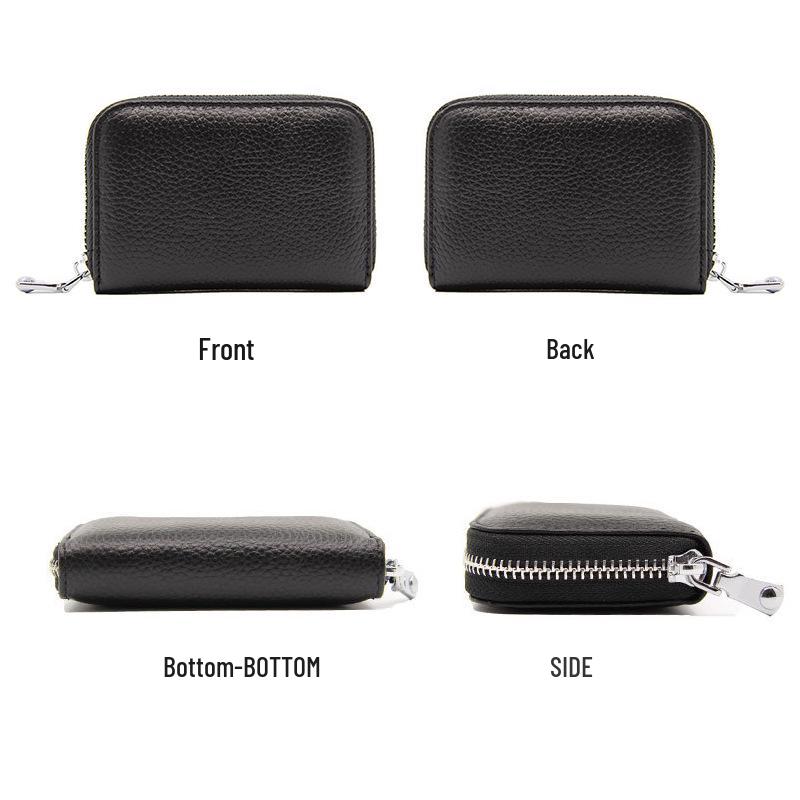 Accordion Top Grain Cowhide RFID Anti-Theft Multi-Card Zipper Leather ID Card Holder