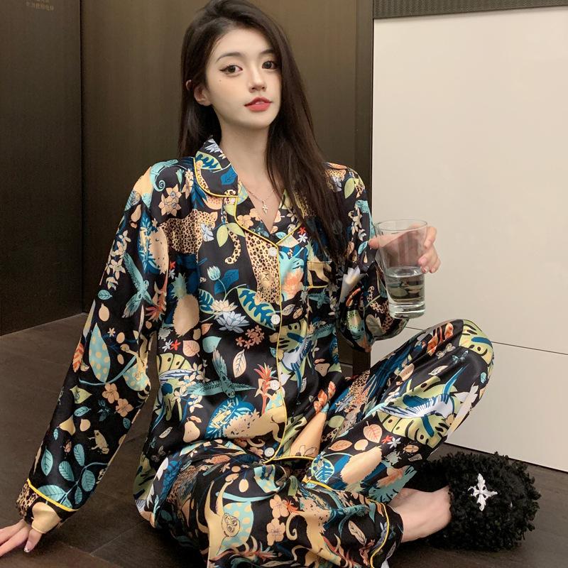 Women's Ice Silk Pajama Set: Long Sleeve Cardigan & Pants