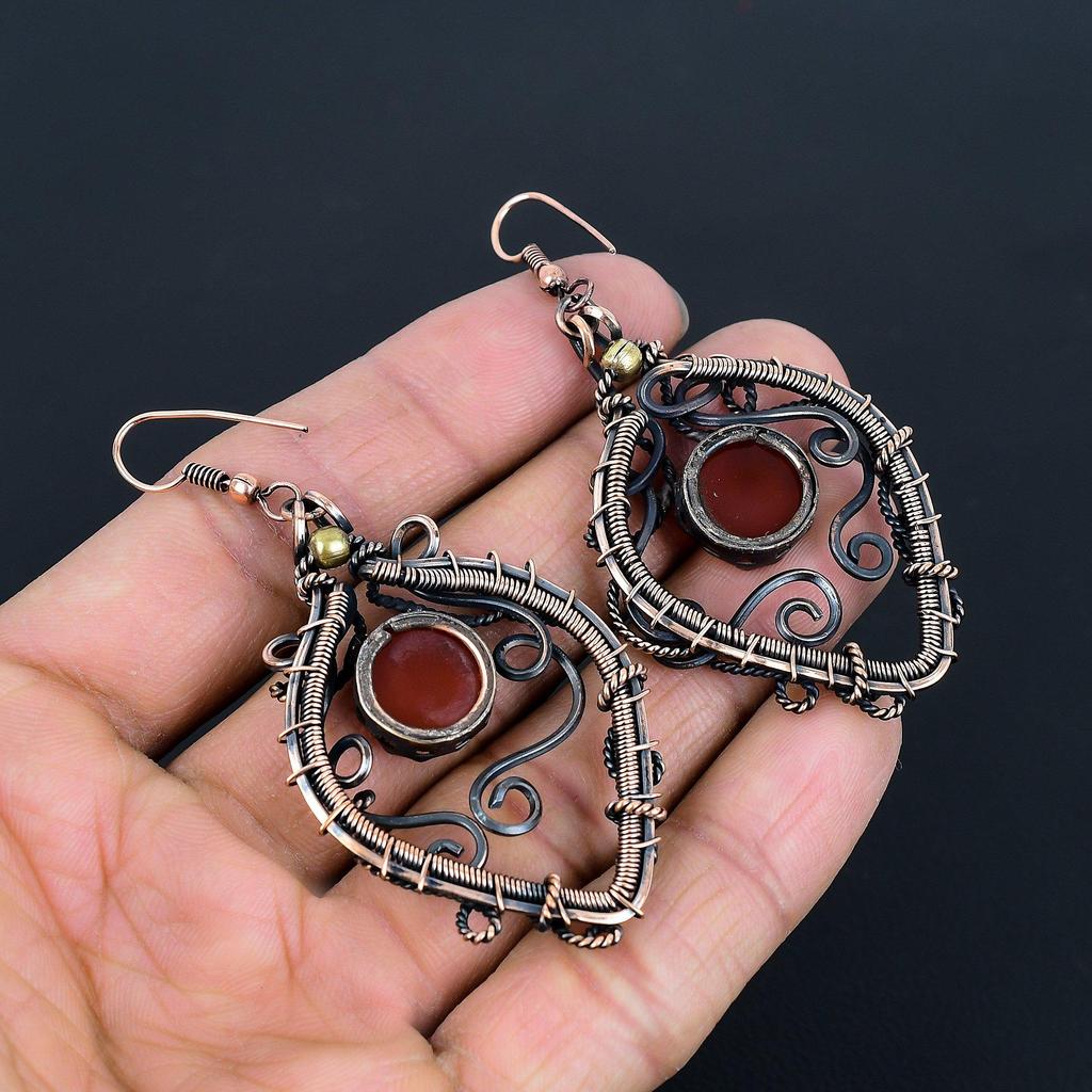 Carnelian 999 Copper Wire Wrapped Earrings, Handmade Gemstone Jewelry Earrings For Memorial Day