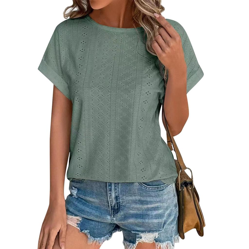 Women's Fashion Solid Color Round Neck Loose Short Sleeved Pullover T-shirt Top