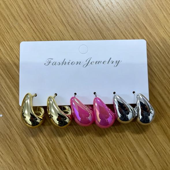 European Style Colorful Water Drop Earring Set - 3 Pairs of Sweet Cool Studs, Versatile Fashion Jewelry