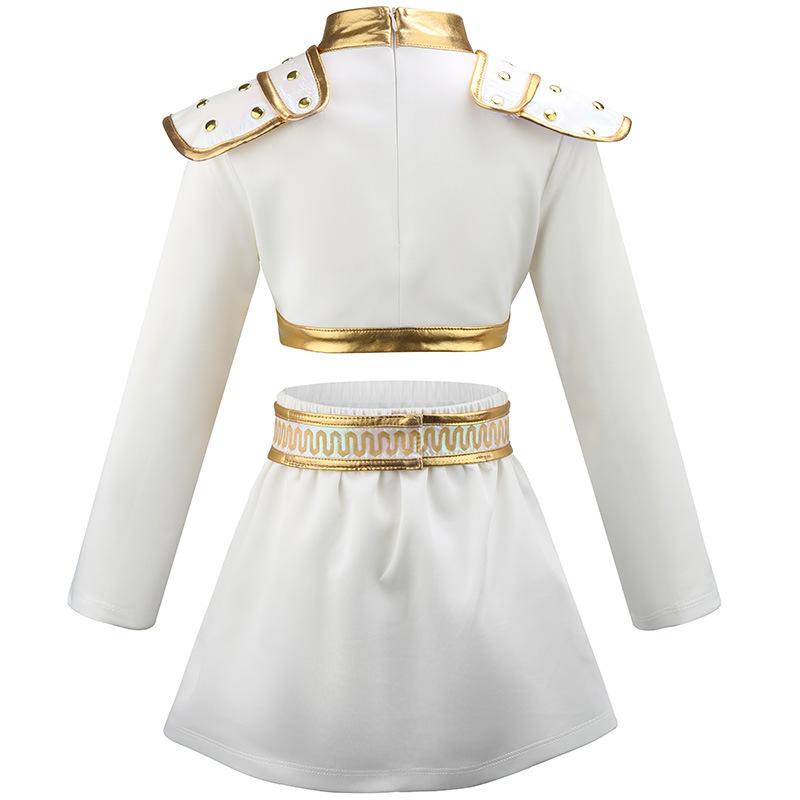 Children Idol Performance Costume White Gold Shoulder Top Chain Skirt Set For Stage Show Halloween Carnival Fancy Dress Party