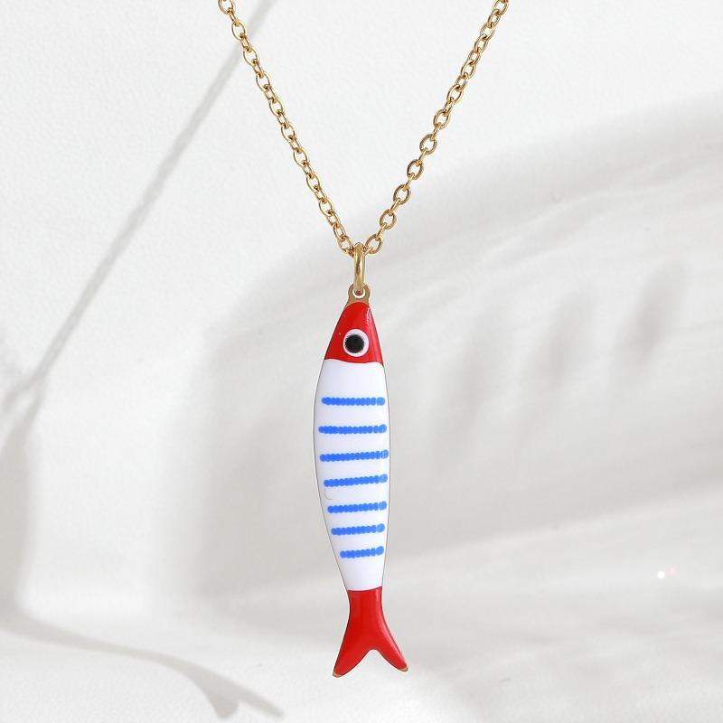 Süße Bunte Emaille Fisch Anhänger Halskette für Damen Edelstahl Streifen Fisch Charms Sommer Strandparty Urlaub Schmuck Geschenk