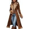 Women's Long Brown Faux Shearling Coat with Lapel Collar and Full Lining