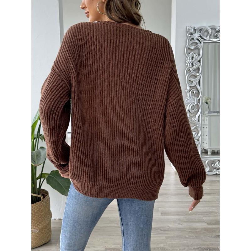Women S Loose Fit V Neck Beaded Long Sleeve Pullover Sweater