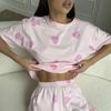 2025 Summer Heart Printed Pink Pajamas Set Women Homewear Sexy Casual Loose Short Sleeve Tops and Shorts 2 Pieces Sets Sleepwear
