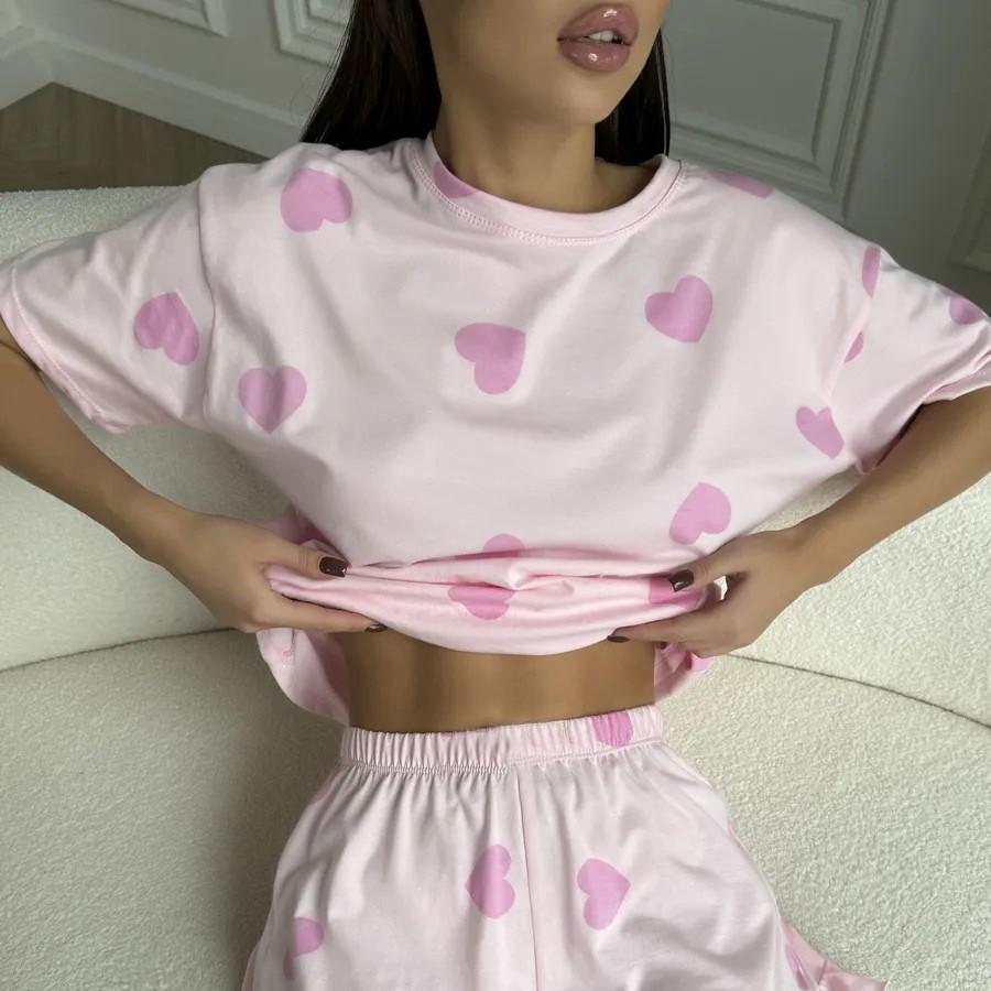 2025 Summer Heart Printed Pink Pajamas Set Women Homewear Sexy Casual Loose Short Sleeve Tops and Shorts 2 Pieces Sets Sleepwear