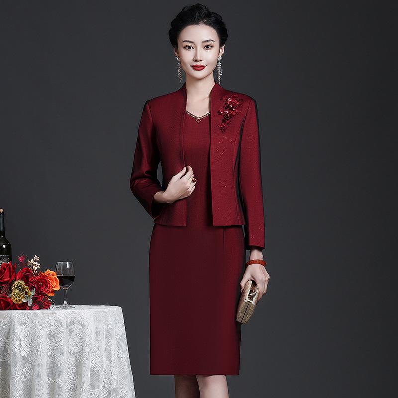 2025 Autumn Elegant Wine Red Plus Size Two-Piece Set: Long Sleeve Jacket & Mother's Wear