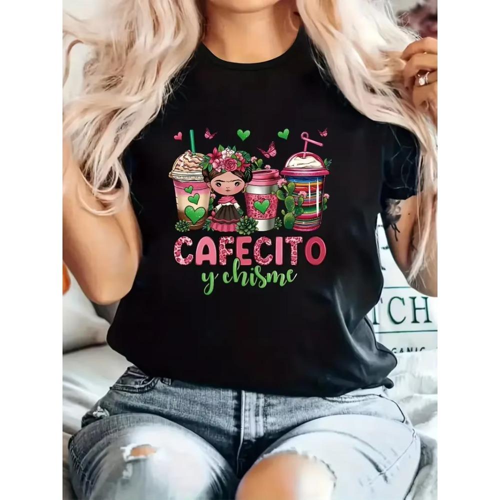 Kaffee & Mädchen Print T-Shirt Lässig Kurzarm Rundhals Oberteil Für Sommer Damenbekleidung Damenkleidung T-Shirts
