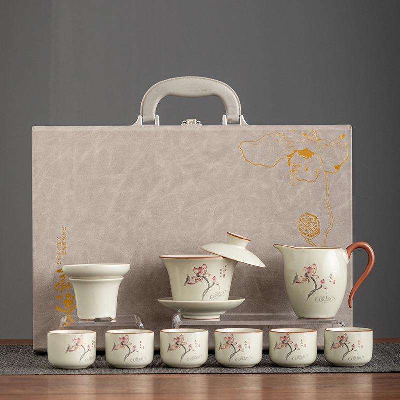 Ru Kiln Ceramic Gongfu Tea Set: Crackle Teapot & Cups, High-Grade Gift Box
