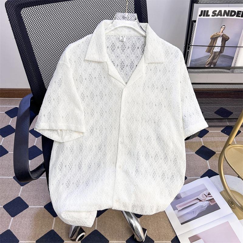 Men Black Hollow Out Cuban Collar Short Sleeve Shirt Casual Button Up Top M белый
