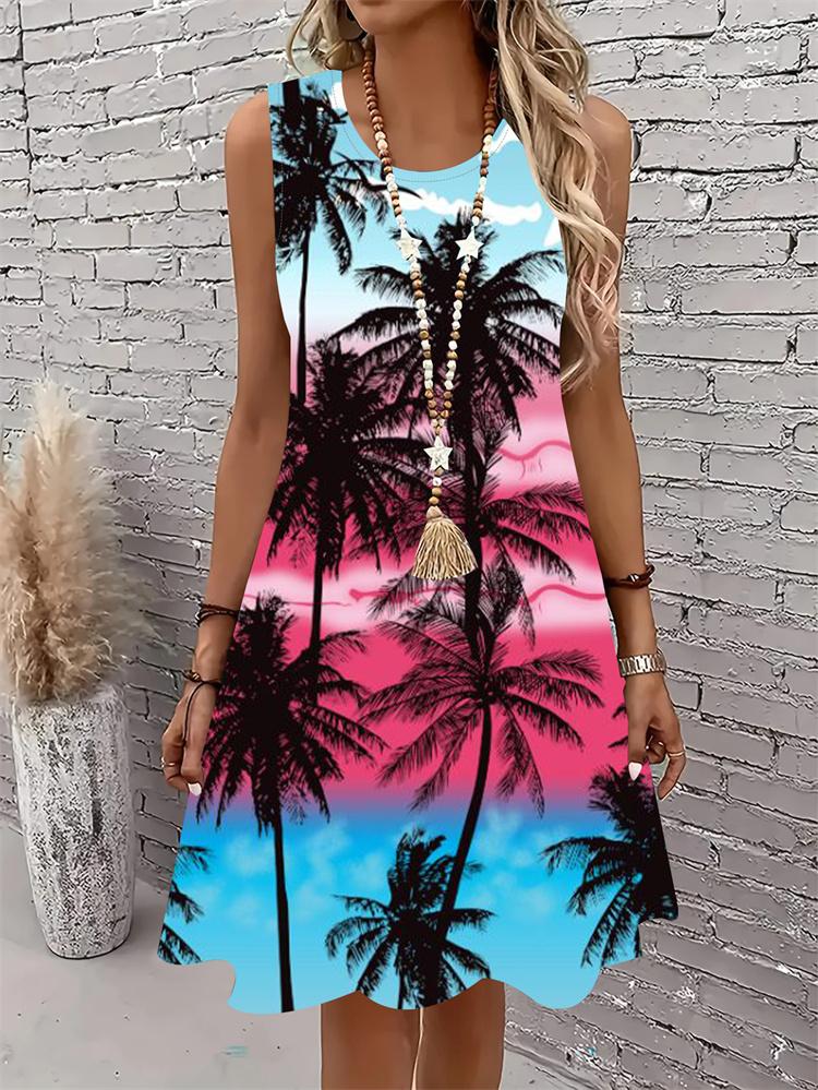 Casual Women Tank Dress Summer Sleeveless O-Neck 3D Print Loose A-Line Dress Beach Vest Dress
