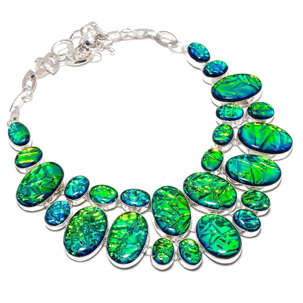 Ammolite Necklace 18" Adjustable Chain Silver Tone Oval Gemstone Jewelry PT 2614