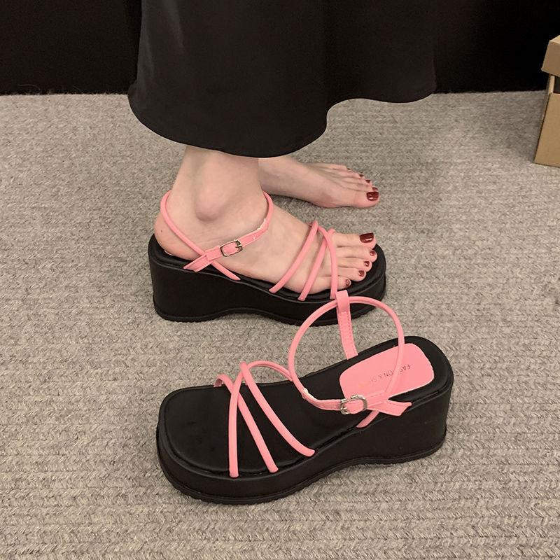 

French beautiful silver slippers women s summer wear 2025 new high-end skirt wedge heel platform Roman shoes 39 розовый