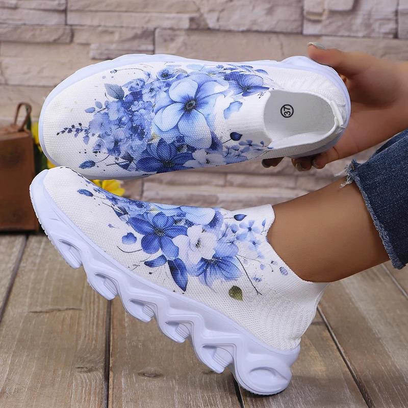 

Fashion Printed Women s Running Sneakers Plus Size Knitted Breathable Mesh Casual Shoes Woman Comfortable Non Slip Walking Flats 36 белый