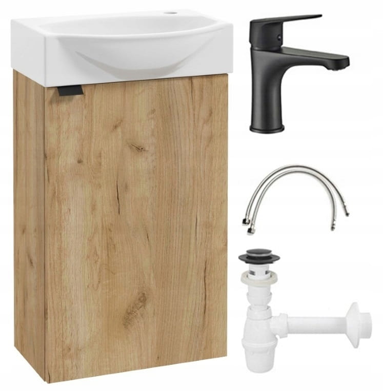 Bathroom Cabinet with Washbasin 60x40 Cm, Hanging, Craft Oak, with Black Parma Tap