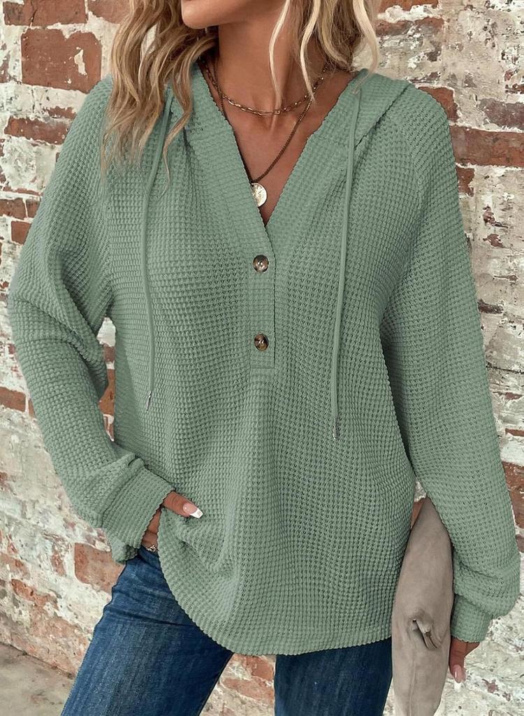 Women's Waffle Knit Hoodie V Neck Button Drawstring Hoodies Casual Long Sleeve Pullover Sweatshirt