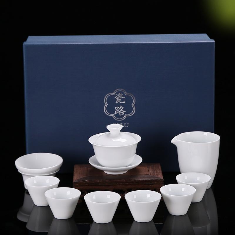 High-end Gift Box Ceramic Kung Fu Tea Set Home Office White Porcelain Cover Bowl Tea Cup Complete Set