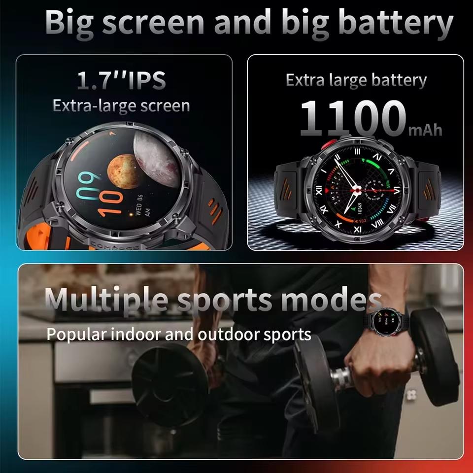 2026 New 1100mAh Battery Smart Watch GPS Path 5ATM Waterproof Sports Run Tracker Outdoors Compass Military Smartwatch