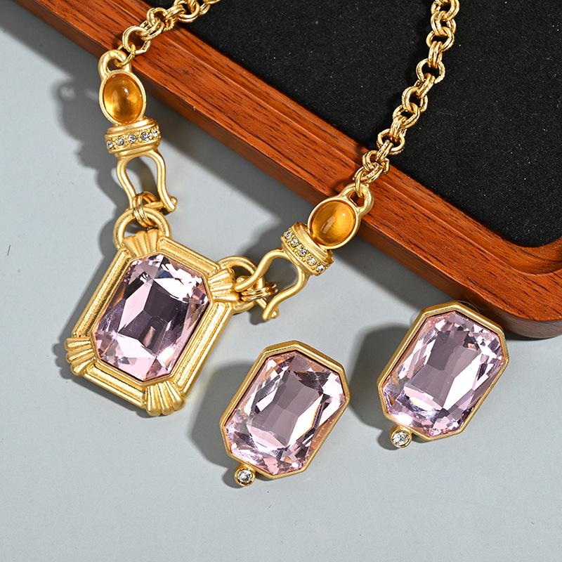 Square Crystal Zircon Pendant Necklace & Retro Earrings - Women's Light Luxury Ins Style Jewelry