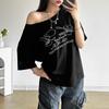 2025 Women's Summer One-Shoulder Loose T-Shirt with Letter Print