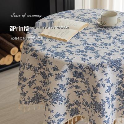 Nordische Baumwolle Leinen Runde Tischdecke - Fortschrittliches Blaues Blumendesign, Retro Pastoraler Stil für Esszimmer und Foto-Hintergründe