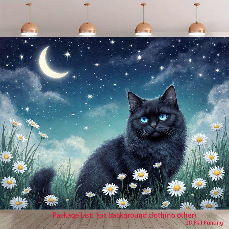 

2D Magical Moonlight Cat Backdrop Cloth, Night Sky & Flower Photo Background 47.2x31.5inch/120*80cm