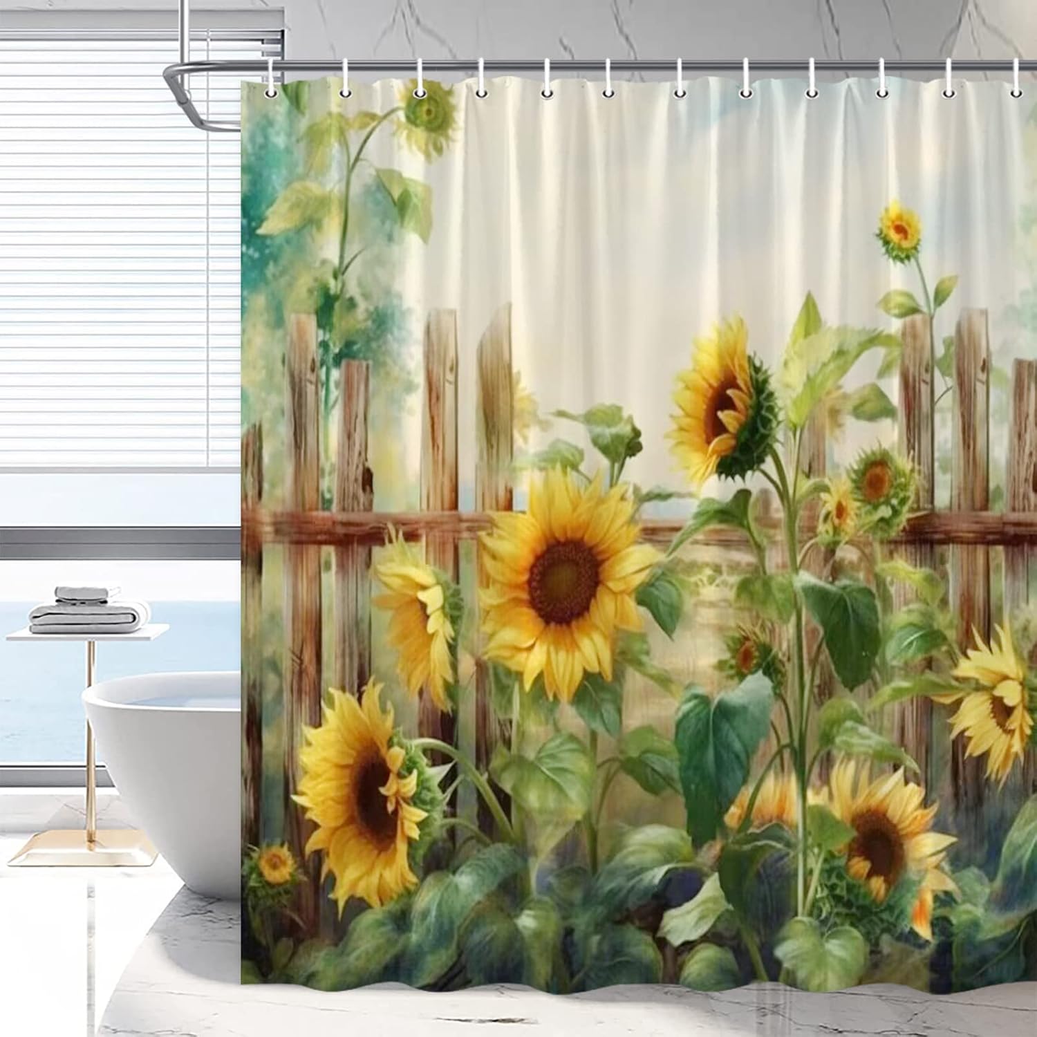 

Vintage Wooden Fence Rustic Sunflower Shower Curtain Yellow Flower Watercolour Rustic Farmhouse Bathroom Decor Farm Style W60H190(CM)-1 Pcs