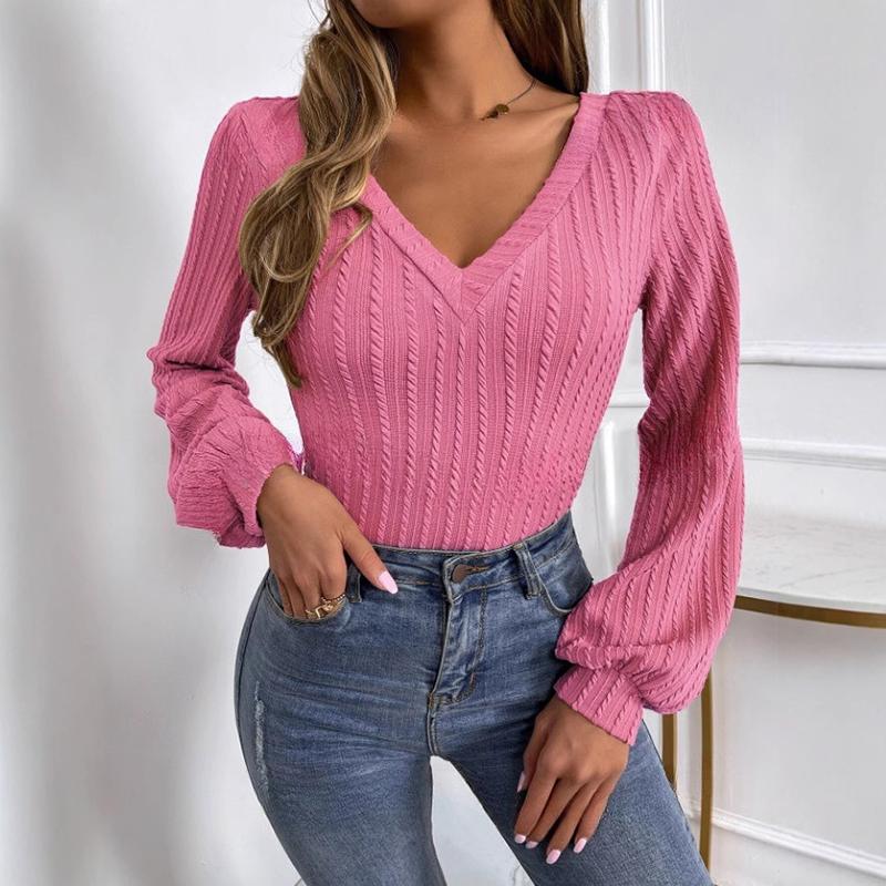 Ladies Autumn Winter Long Sleeve V Neck Solid Color Slim Fit Pullover T Shirt Top